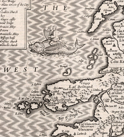 Old Monochrome Map of Munster, Ireland in 1611 by John Speed - County Cork, Clare, Kerry, Limerick, Tipperary, Waterford, Dingle