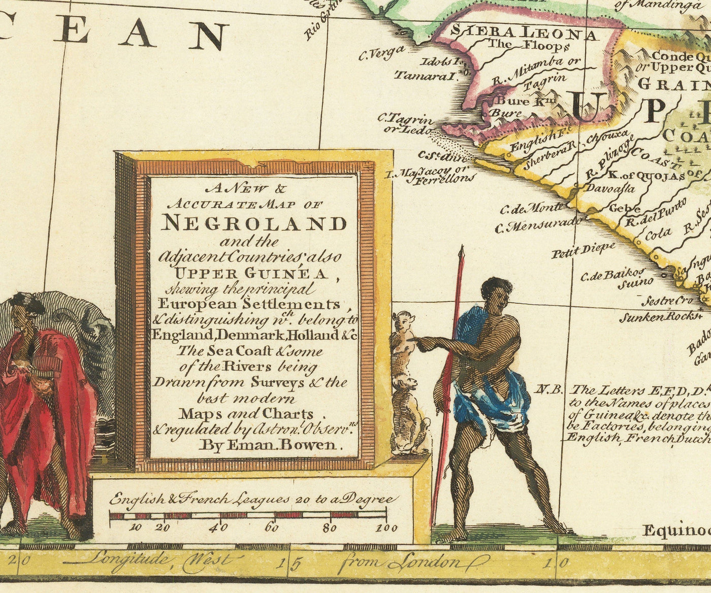 Old Map of Negroland, 1747 by Bowen - Handcoloured Pre-Colonial West Africa - Slave Trade, Ivory Coast, Gold Coast