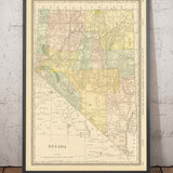 Old Map of Nevada, USA, 1882 by Rand & McNally - Las Vegas, Reno, Counties, Carson City
