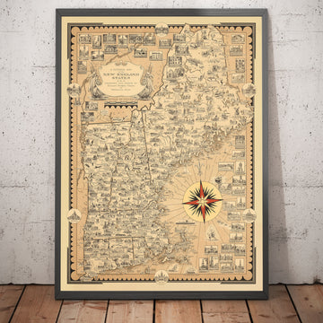 Vecchia mappa illustrata del New England, USA, 1939 di Ernest Dudley Chase - Maine, Vermont, New Hampshire, Massachusetts, Connecticut, Rhode Island 