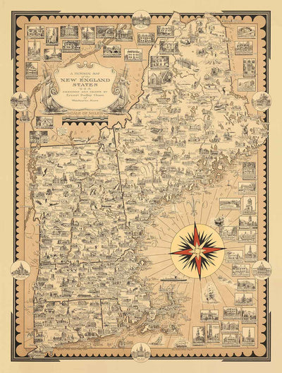 Old Pictorial Map of New England, USA, 1939 by Ernest Dudley Chase - Maine, Vermont, New Hampshire, Massachusetts, Connecticut, Rhode Island