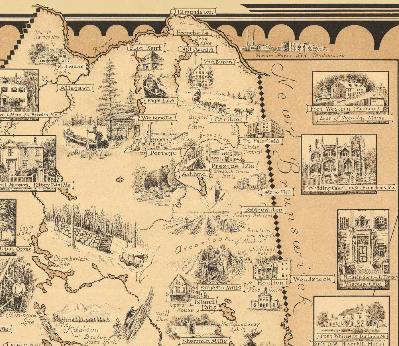 Old Pictorial Map of New England, USA, 1939 by Ernest Dudley Chase - Maine, Vermont, New Hampshire, Massachusetts, Connecticut, Rhode Island