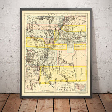 Mappa antica del territorio del New Mexico, USA, 1873 - Concessioni di terra, Rio Grande, Nativi Americani, Sante Fe, Montagne Rocciose 