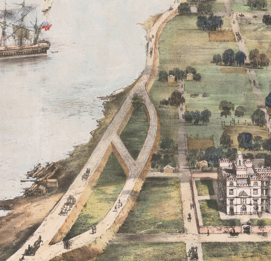 Vecchia mappa Birds Eye di New Orleans nel 1851 - Quartiere Francese, CBD, Treme, fiume Mississippi, Cattedrale di St Louis, Jackson Square 