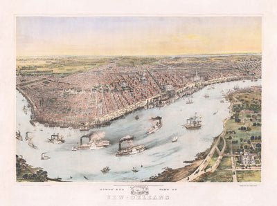 Old Birds Eye Map of New Orleans in 1851 - French Quarter, CBD, Treme, Mississippi River, St Louis Cathedral, Jackson Square