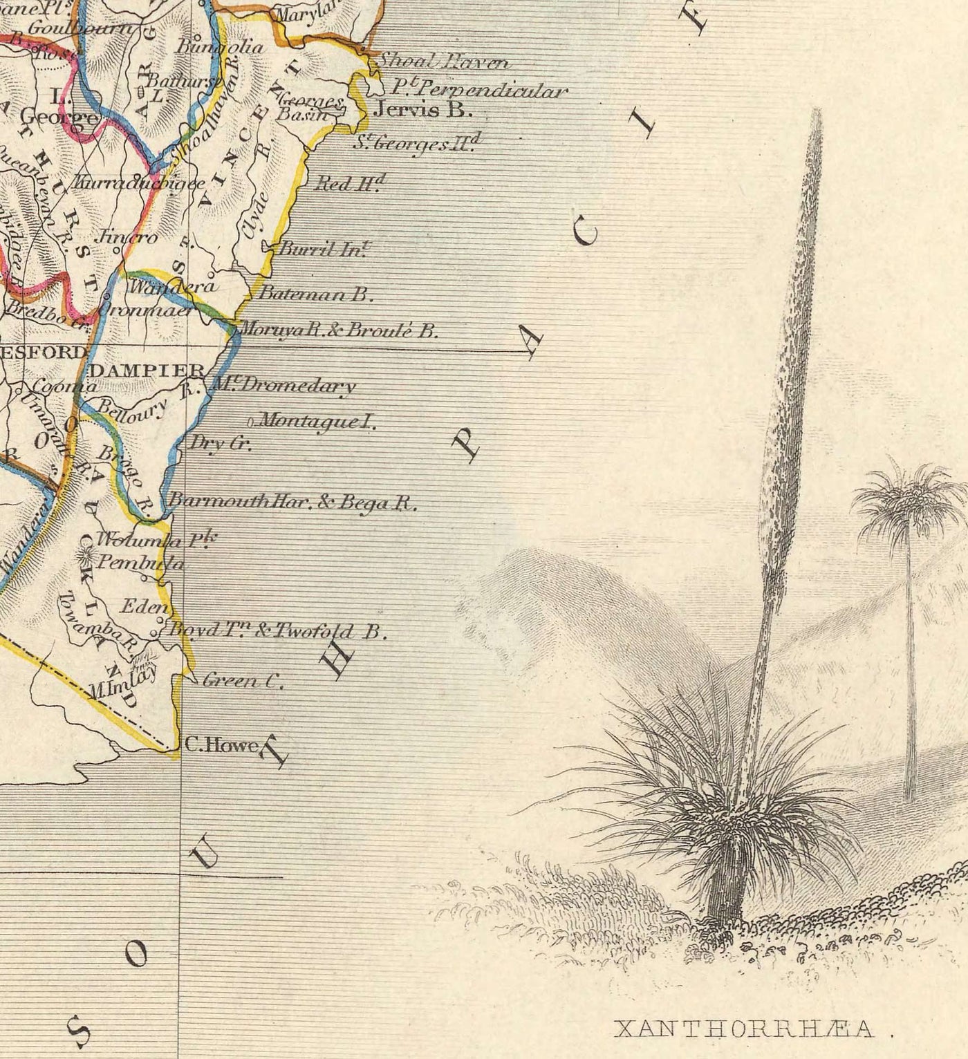 Old Map of New South Wales, Australia 1851 by Tallis & Rapkin - Sydney, Newcastle, Brisbane, Botany Bay, NSW Counties