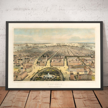 Mappa antica di Birds Eye di New York nel 1849 - Lower Manhattan, Soho, Noho, Union Square, Broadway, Battery Park, Ellis Island 