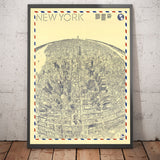 Old Birds Eye Carte de New York en 1982 - Manhattan, Midtown, Empire State, Chrysler, Twin Towers, Central Park 5th Avenue