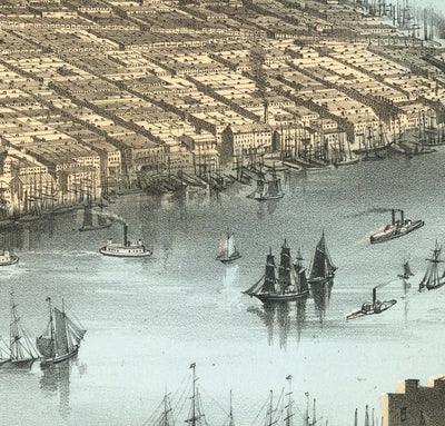 Old Birds Eye Map of New York City 1856 - Manhattan, Financial District, Battery, East & Hudson Rivers
