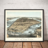 Alte Birds Eye Karte von New York City 1856 - Manhattan, Finanzviertel, Battery, Ost- & Hudsonflüsse 