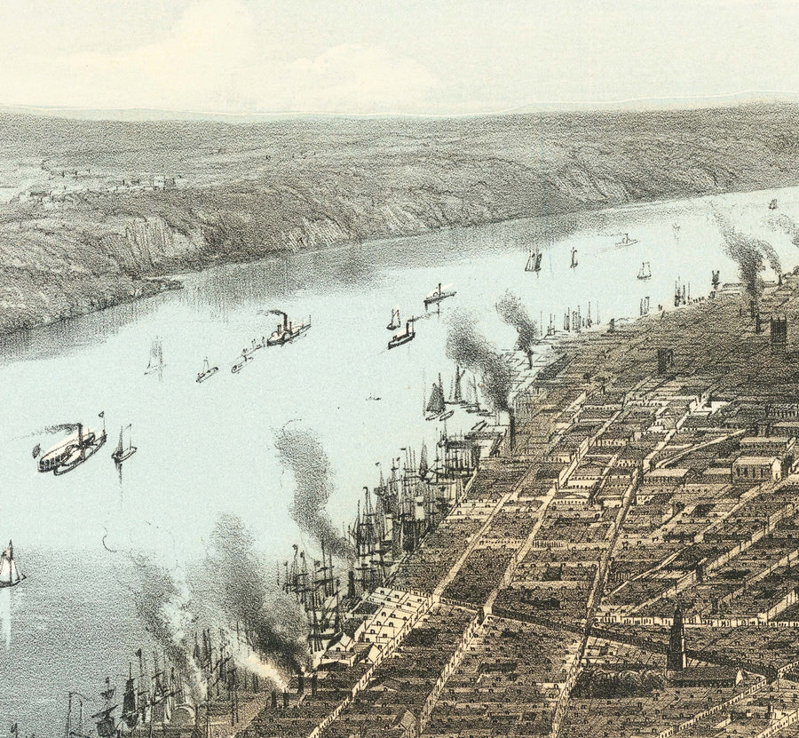 Vecchia mappa Birds Eye di New York City 1856 - Manhattan, Distretto Finanziario, Battery, Fiumi East e Hudson 