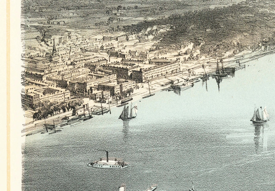 Vecchia mappa Birds Eye di New York City 1856 - Manhattan, Distretto Finanziario, Battery, Fiumi East e Hudson 