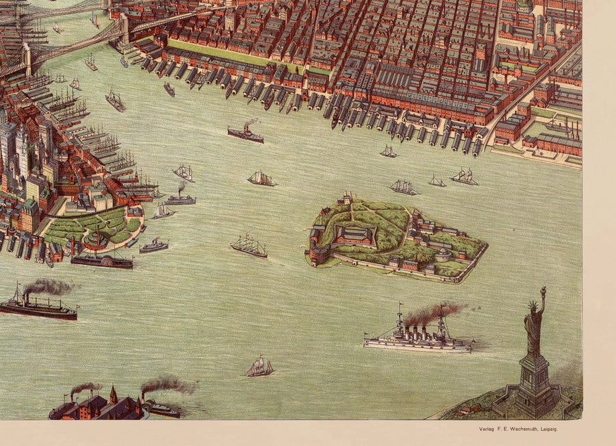 Rara mappa antica di New York, 1908 - Manhattan, Brooklyn, Jersey, i ponti di NYC, moli, Statua della Libertà 