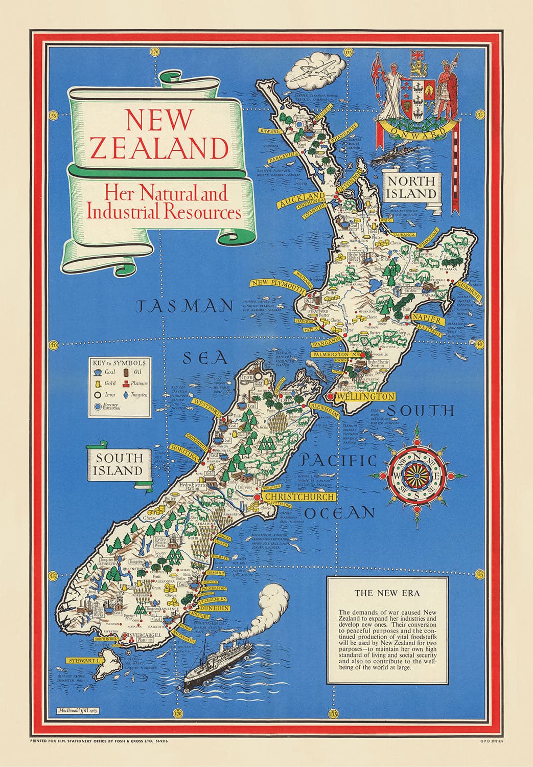 Old Map of New Zealand, 1943 by Max Gill - Colonial British Empire World War 2 Map