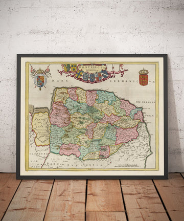 Mappa Antica del Norfolk nel 1665 di Joan Blaeu - Norwich, Great Yarmouth, King&