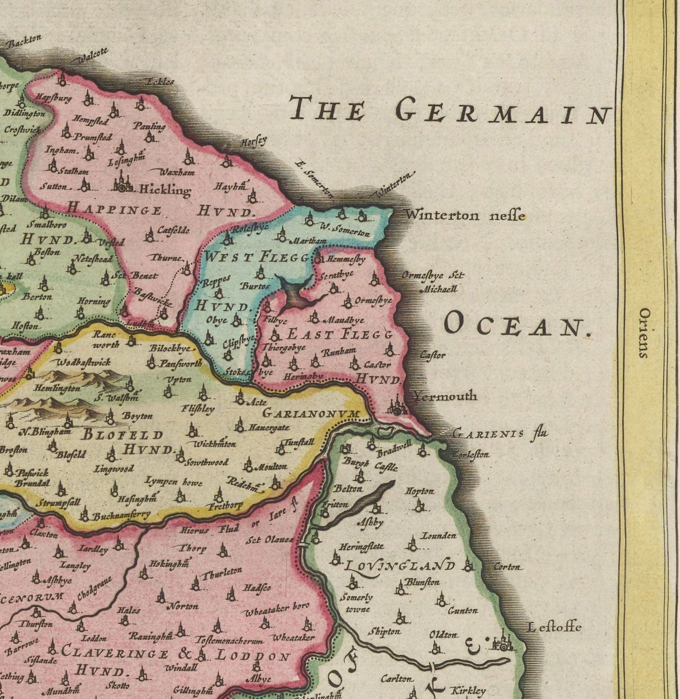 Old Map of Norfolk in 1665 by Joan Blaeu - Norwich, Great Yarmouth, King's Lynn, Thetford, Swaffham, Fakenham, East Anglia