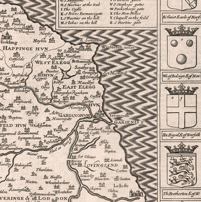 Old Map of Norfolk, 1611 by John Speed - Norwich, Great Yarmouth, King's Lynn, Thetford, Fakenham