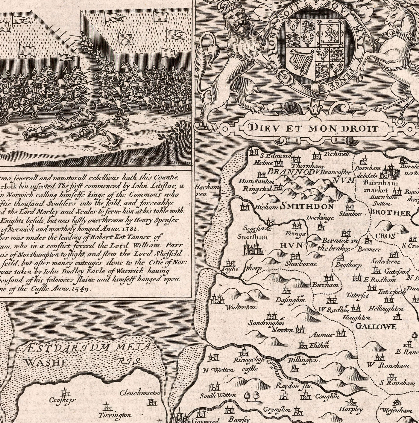 Old Map of Norfolk, 1611 by John Speed - Norwich, Great Yarmouth, King's Lynn, Thetford, Fakenham