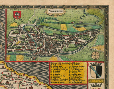 Old Map of Norfolk, 1611 by John Speed - Norwich, Great Yarmouth, King's Lynn, Thetford