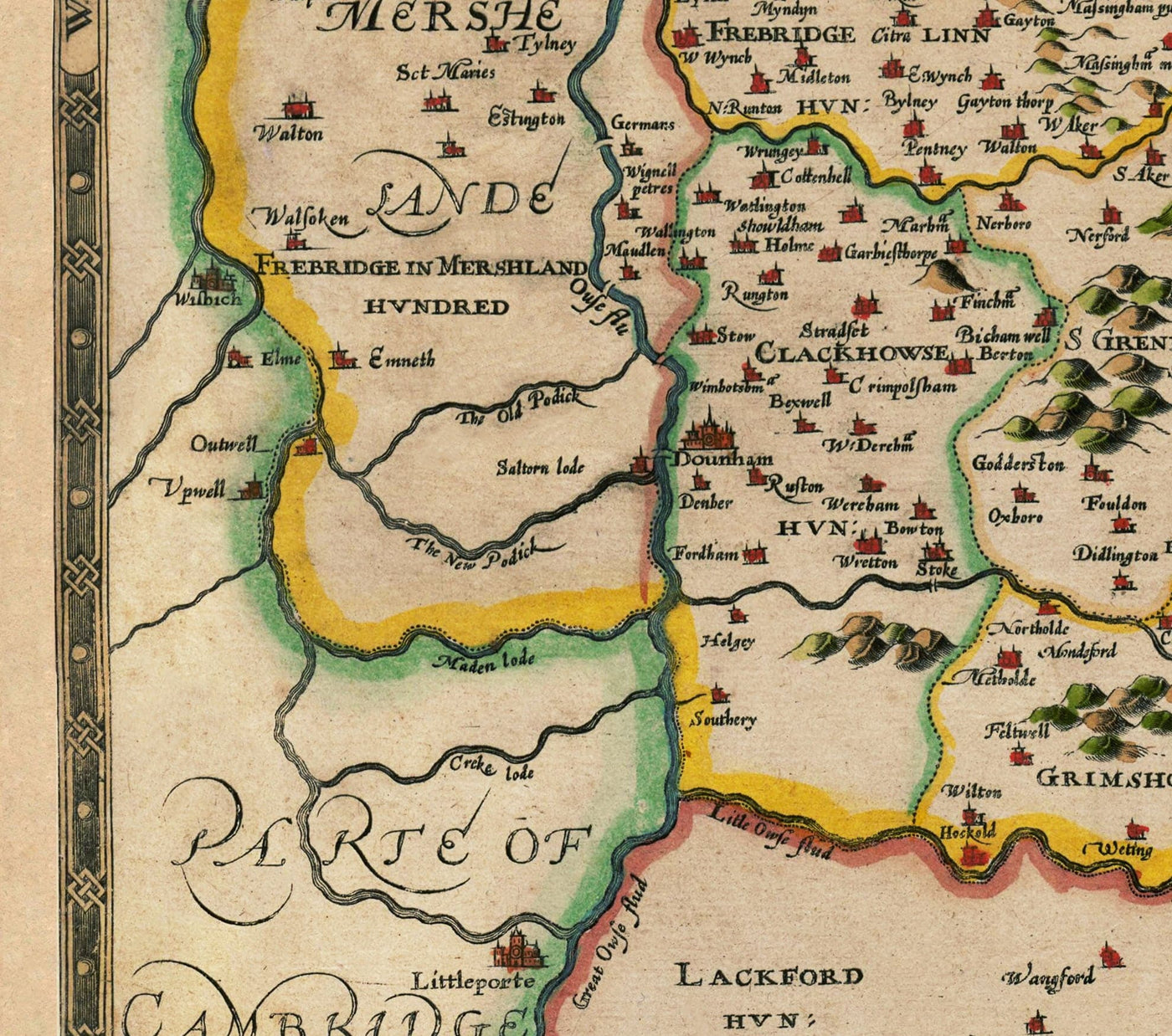 Old Map of Norfolk, 1611 by John Speed - Norwich, Great Yarmouth, King's Lynn, Thetford