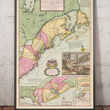 Mappa antica del Nord America 1715 di Herman Moll - Nuova Inghilterra, Nuova Scozia, New York, Carolina, Francesi e Tredici Colonie Britanniche 