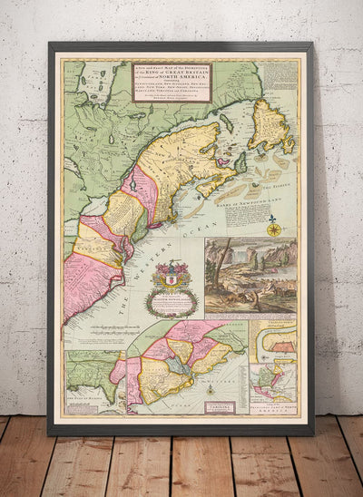 Old Map of North America 1715 by Herman Moll - New England, New Scotland, New York, Carolina, French & Thirteen British Colonies