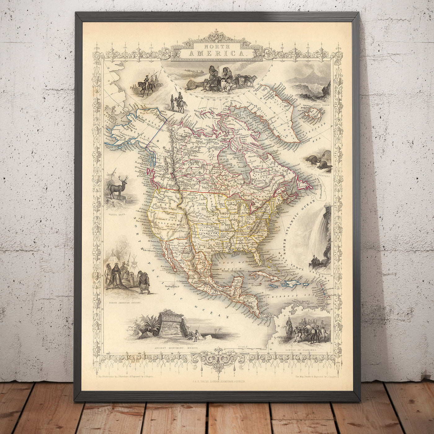 Old Map of North America, 1851 by Tallis & Rapkin - Illustrated USA, Canada, Mexico, Eskimos, Beavers, Natives