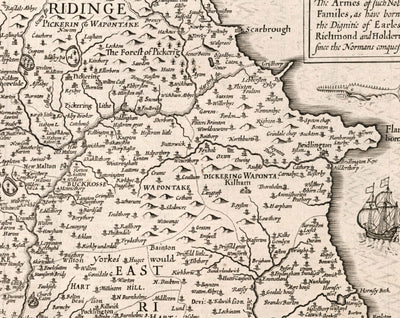 Old Map of North and East Yorkshire, 1611 by John Speed - Hull, York, Middlesbrough, Harrogate