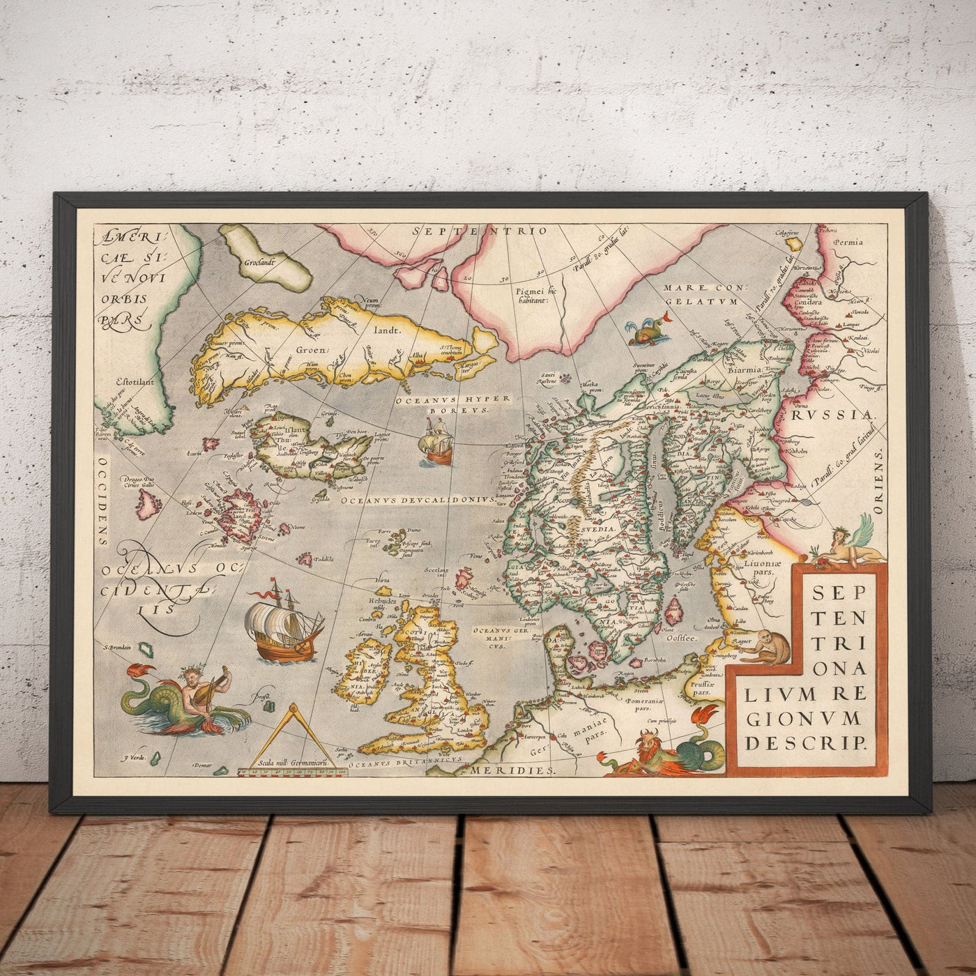 Old Map of North Sea and Atlantic, 1575 with Mythical Frisland by Abraham Ortelius - Scandinavia, British Isles, Iceland, Greenland