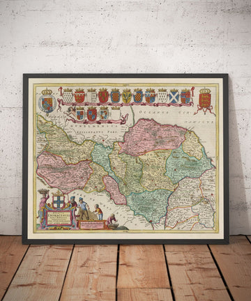 Ancienne carte de North Yorkshire, 1665 par Joan Blaeu - York, Middlesbrough, Scarborough, Whitby, Malton, Pickering, Richmond