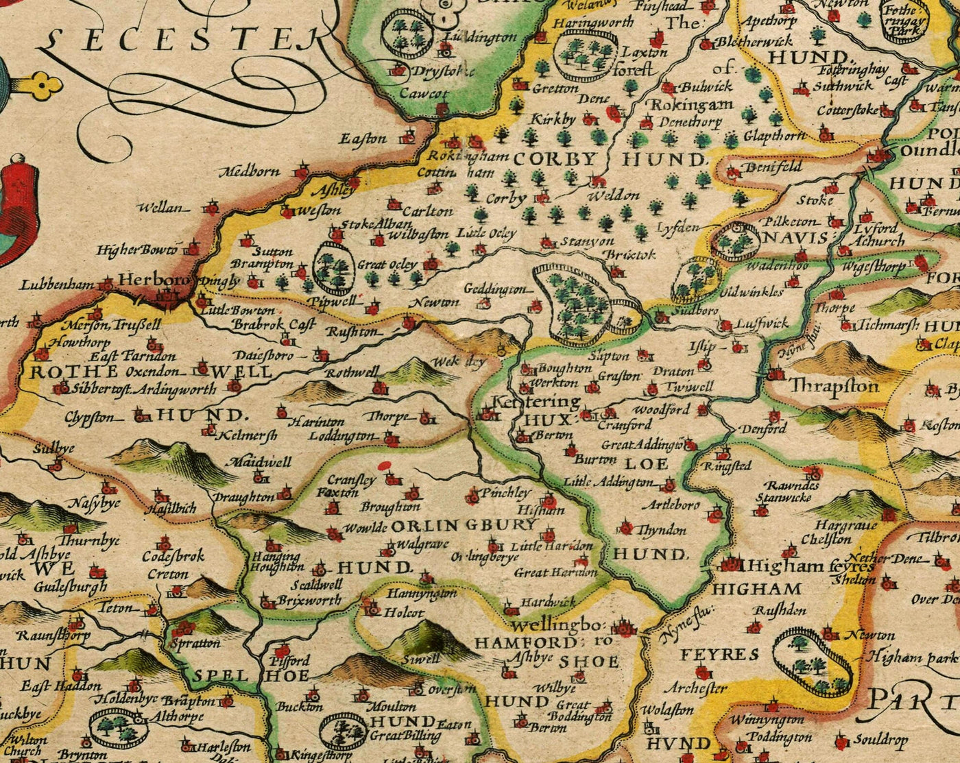 Old Map of Northamptonshire, 1611 by John Speed - Northampton, Kettering, Peterborough