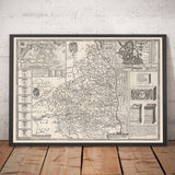 Mapa antiguo de Northumberland en 1611 - Newcastle, Gateshead, la pared de Hadrian, South Shields, Tyne y Wear