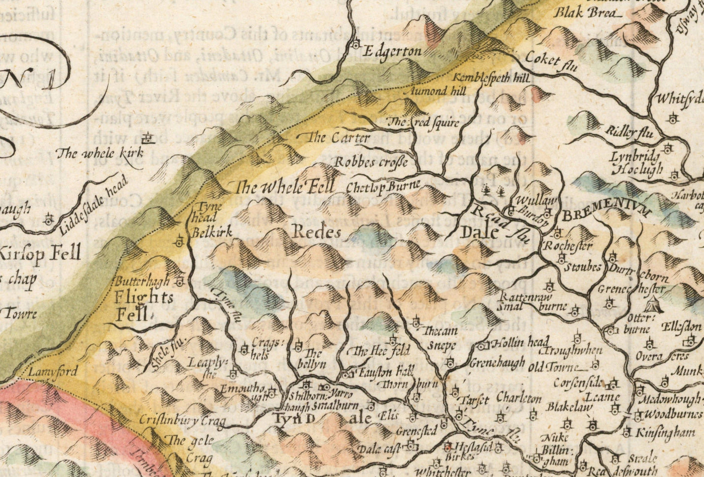 Old Map of Northumberland in 1611 by John Speed - Newcastle, Gateshead, Hadrian's Wall, Tyne and Wear