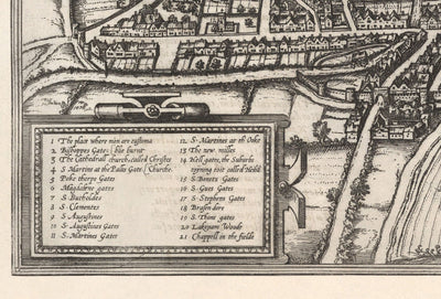 Old Map of Norwich, East Anglia 1581 by Georg Braun, Civitates Orbis Terrarum - Castle, City Walls