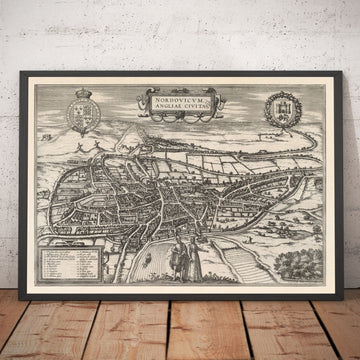 Old Map of Norwich, East Anglia 1581 by Georg Braun, Civitates Orbis Terrarum - Castle, City Walls