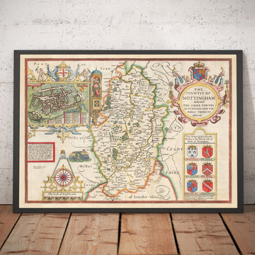Ancienne carte de Nottinghamshire, 1611 par John Speed ​​- Nottingham, Mansfield, Newark, Worksop