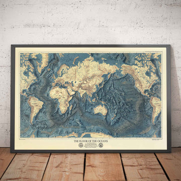 Seltene alte Karte des Meeresbodens und des Landreliefs der US Navy von 1976 - Europa, Afrika, Amerika, Antarktis, Australien 