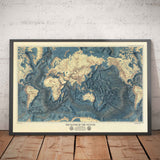 Rare Old Map of the Ocean Floor and Land Relief by the US Navy in 1976 - Europe, Africa, Americas, Antarctica, Australia
