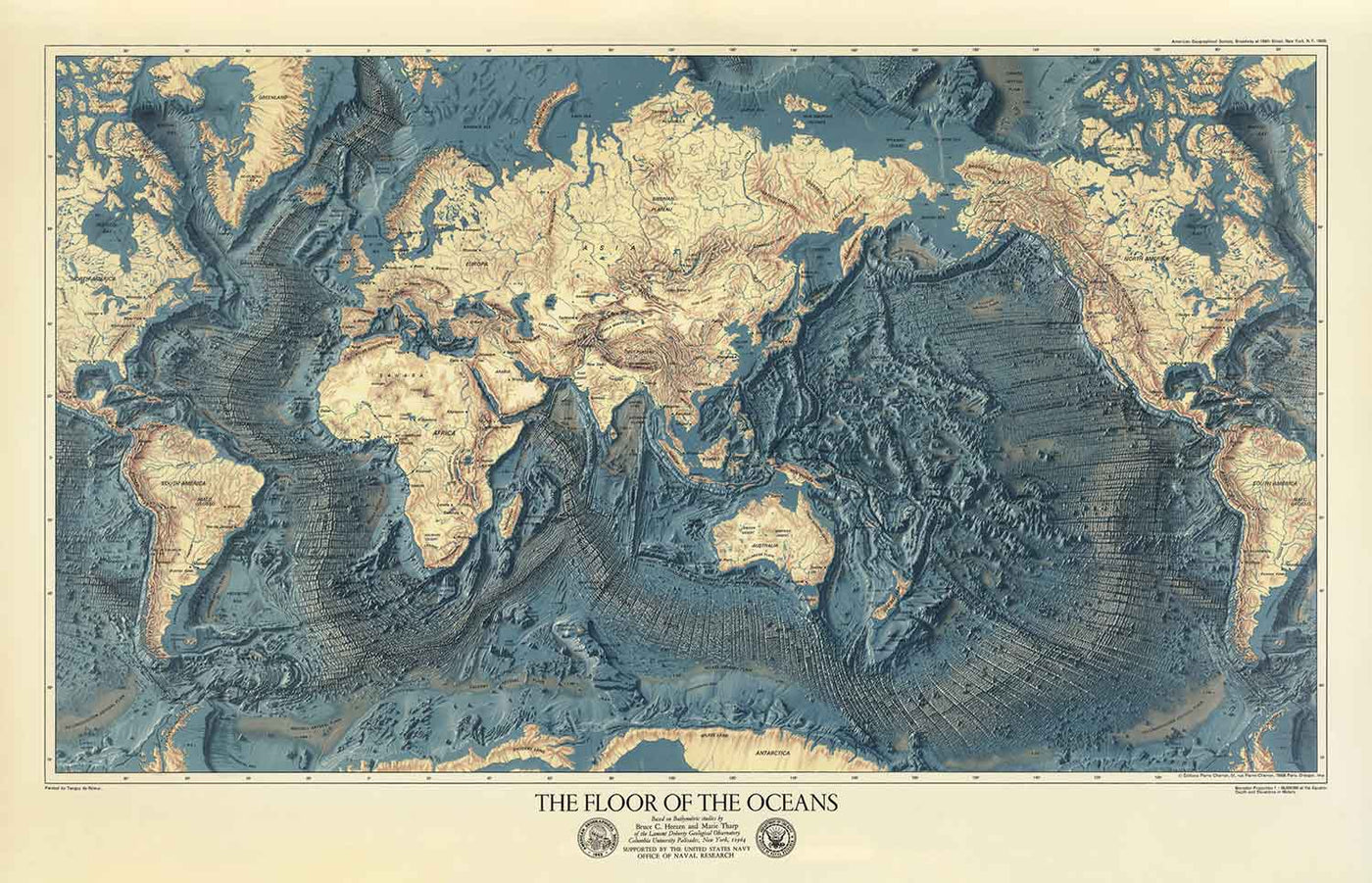 Rare Old Map of the Ocean Floor and Land Relief by the US Navy in 1976 - Europe, Africa, Americas, Antarctica, Australia