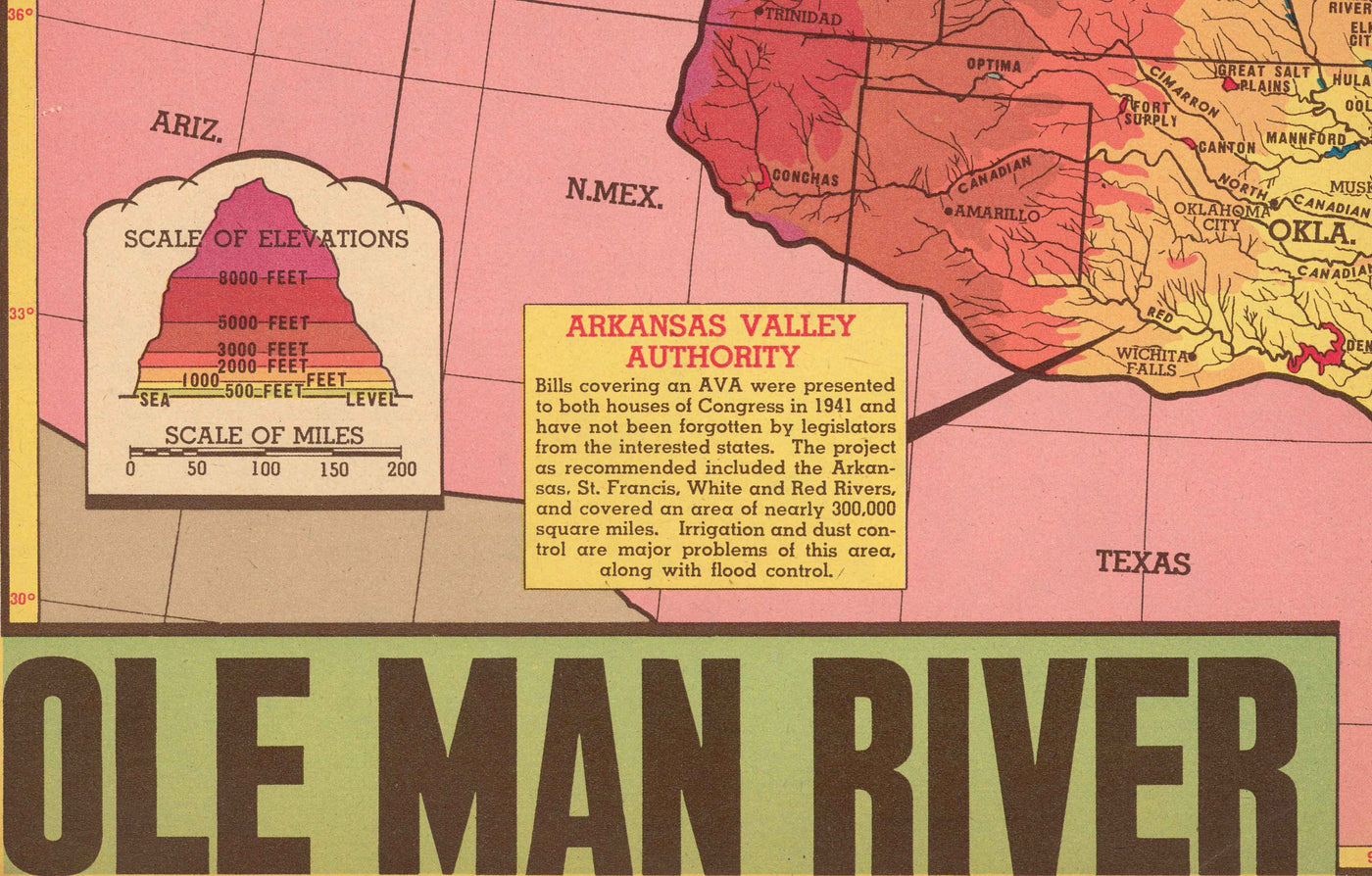 Old Map of Mississippi River Basin, 1945 - "Ole Man River" - Neighbouring States, Flood Control, Gulf of Mexico