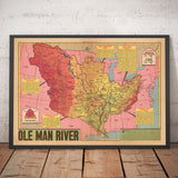 Old Map of Mississippi River Basin, 1945 - "Ole Man River" - Neighbouring States, Flood Control, Gulf of Mexico