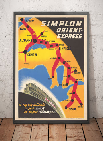 Antiguo póster del tren Orient Express, 1947 por Walther Spinner - Simplón, París, Lausana, Ginebra, Venecia, Londres, El Cairo