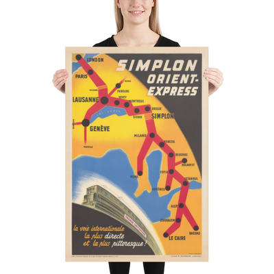 Vecchia mappa poster della ferrovia Orient Express, 1947 di Walther Spinner - Simplon, Parigi, Losanna, Ginevra, Venezia, Londra, Il Cairo 