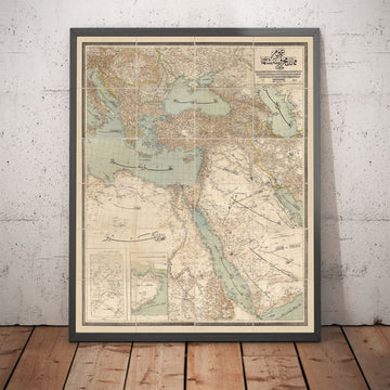 Mapa antiguo de Oriente Medio en el guión árabe, 1890 - Imperio otomano, Balcanes, Península árabe, Mar Negro