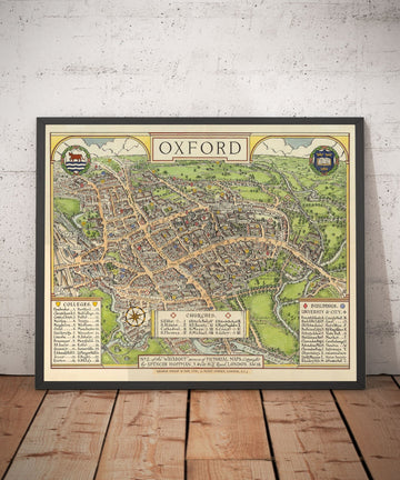 Antiguo mapa pictórico de Oxford por Spencer Hoffman, 1929 - Universidad y Colegios Mayores