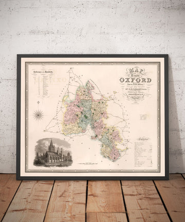 Viejo Mapa de Oxfordshire, 1829 por Greenwood - Oxford, Banbury, Abingdon, Bicester, Universidad