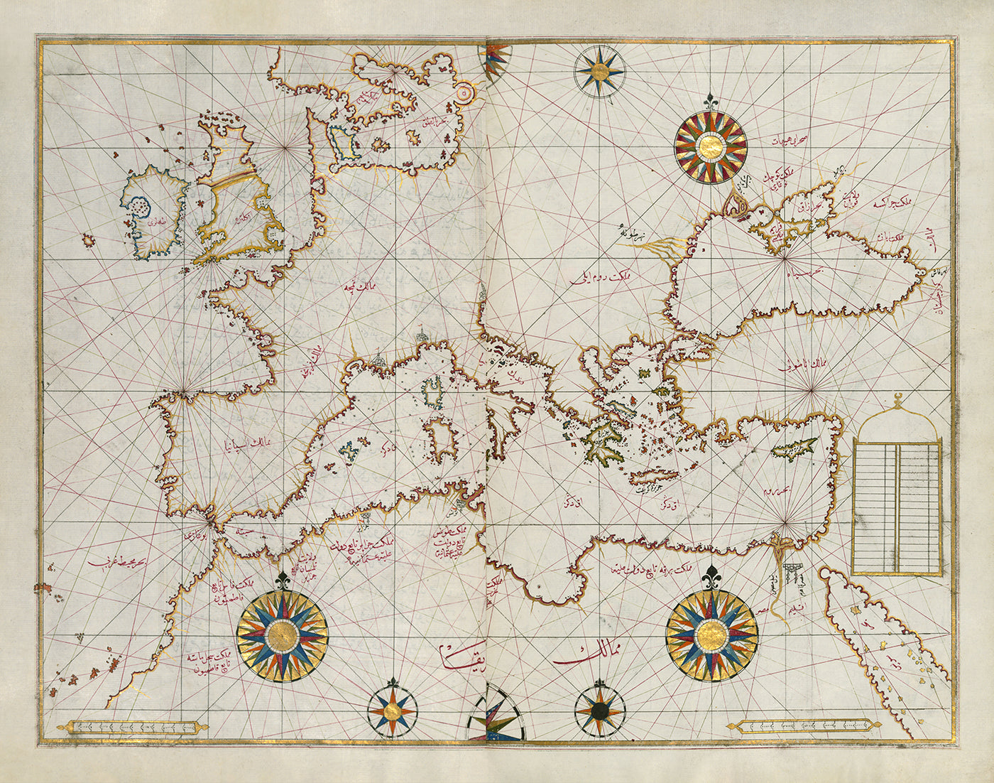 Old Arabic Map of Europe in 1525 by Piri Reis - France, Spain, United Kingdom, Turkey, Germany