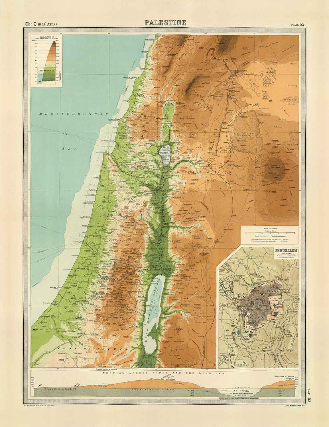 Old Map of Palestine in 1922 by Bartholomew - Jerusalem, Jaffa, Gaza, Amman, Jericho