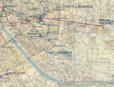Old Map of Paris Métro Subway and Landmarks, 1934 by Gaillac-Monrocq - 13 Lines, Arc de Triomphe, 20th Century City Tourist Map