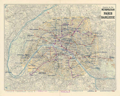 Old Map of Paris Métro Subway and Landmarks, 1934 by Gaillac-Monrocq - 13 Lines, Arc de Triomphe, 20th Century City Tourist Map
